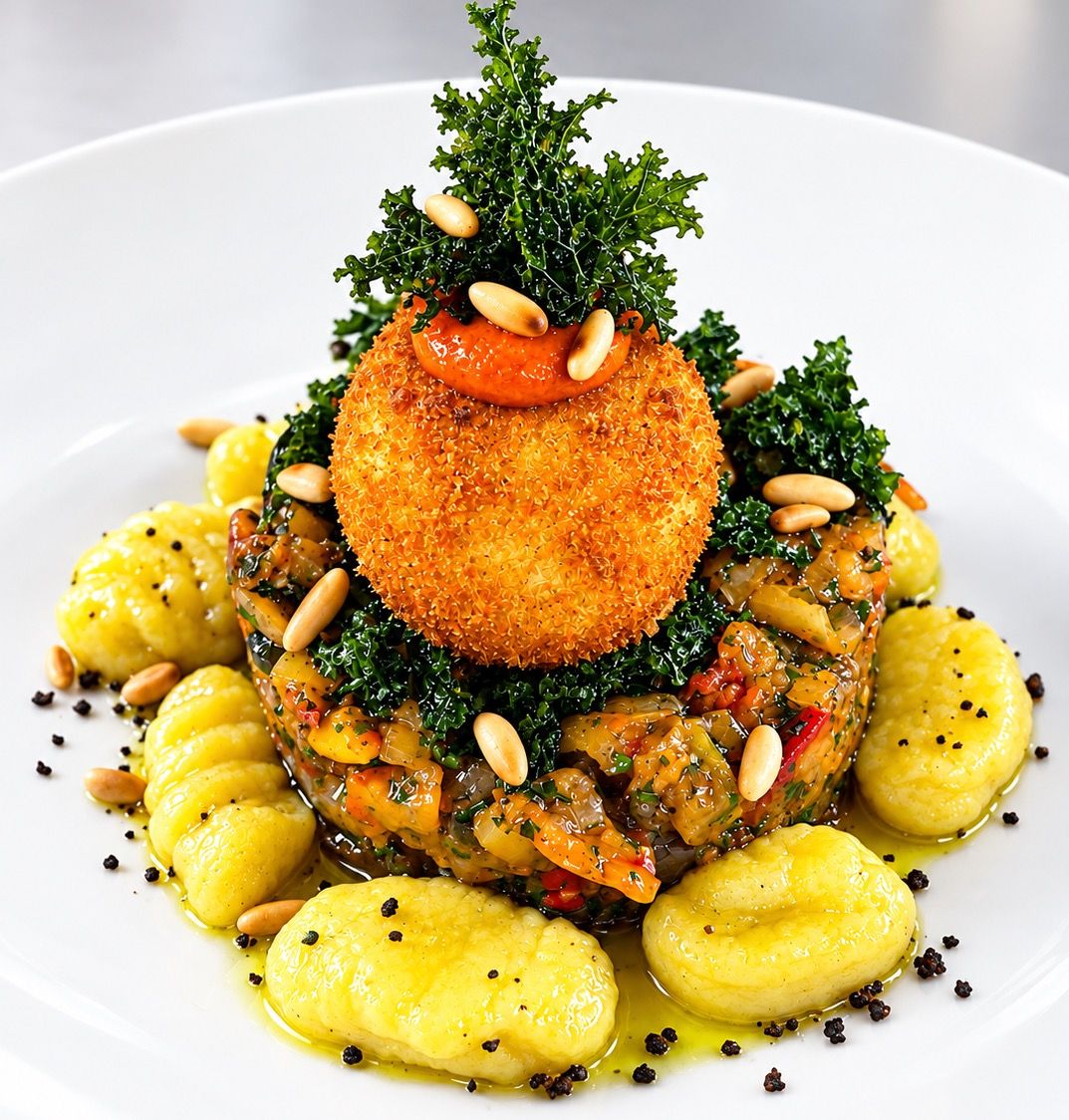 Caponata Siziliana: Frittiertes Onsen-Ei · cremiges Eigelb · Salbei-Gnocchi